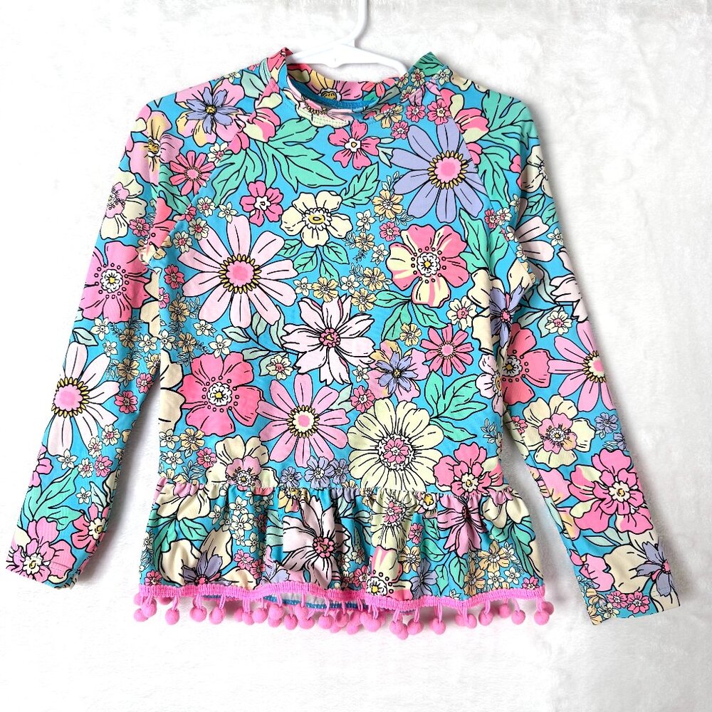 BEACH LINGO Mod Blossom Floral Pom Pom LS Peplum Rashguard Swimsuit Girls 6 7